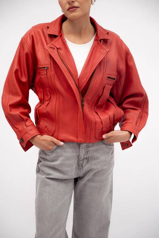 CORAL RED LEATHER JACKET