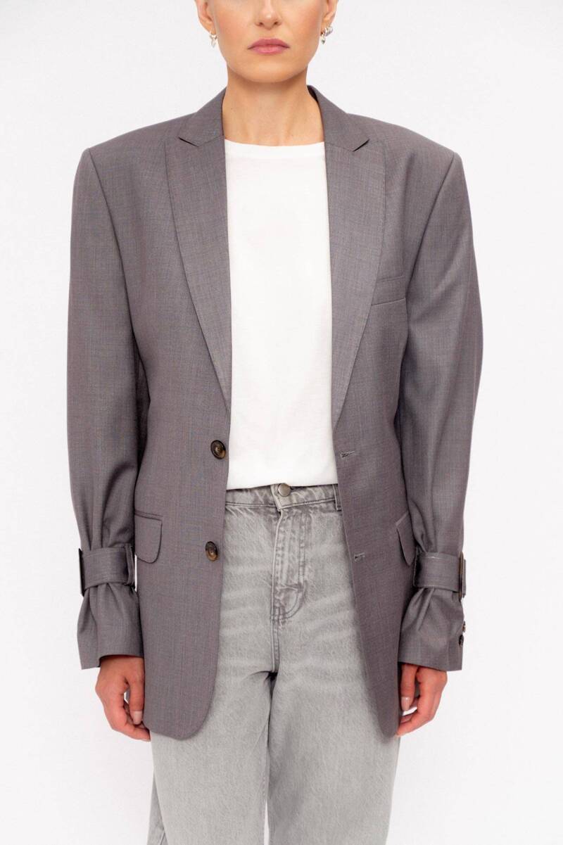 LONG GRAY FITTED JACKET WITH BUCKLES MODEL No6