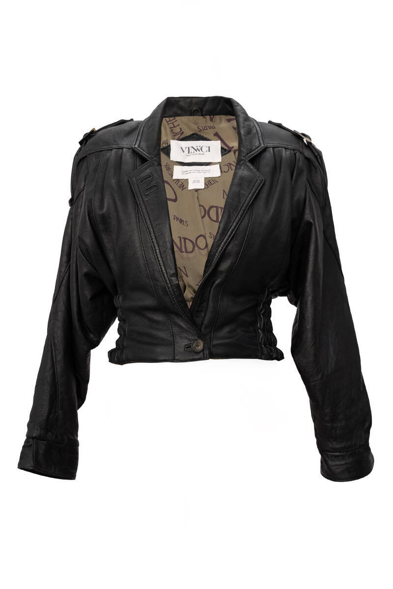 BLACK LEATHER JACKET WITH DECORATIVE INSERTS