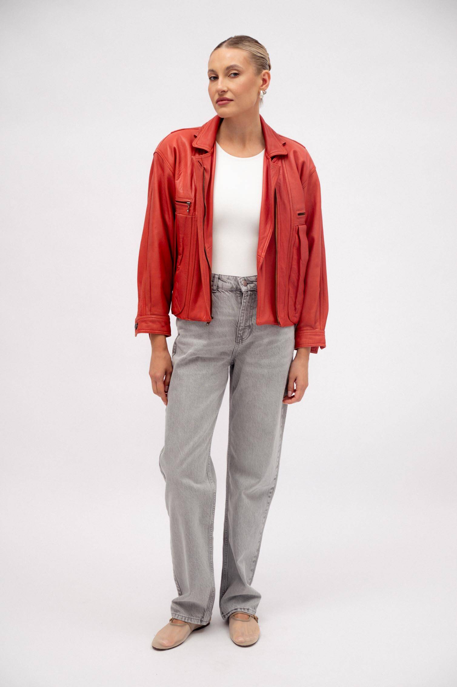 CORAL RED LEATHER JACKET