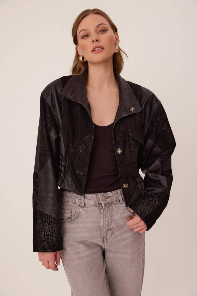 BLACK LEATHER JACKET WITH COMBINED TEXTURES