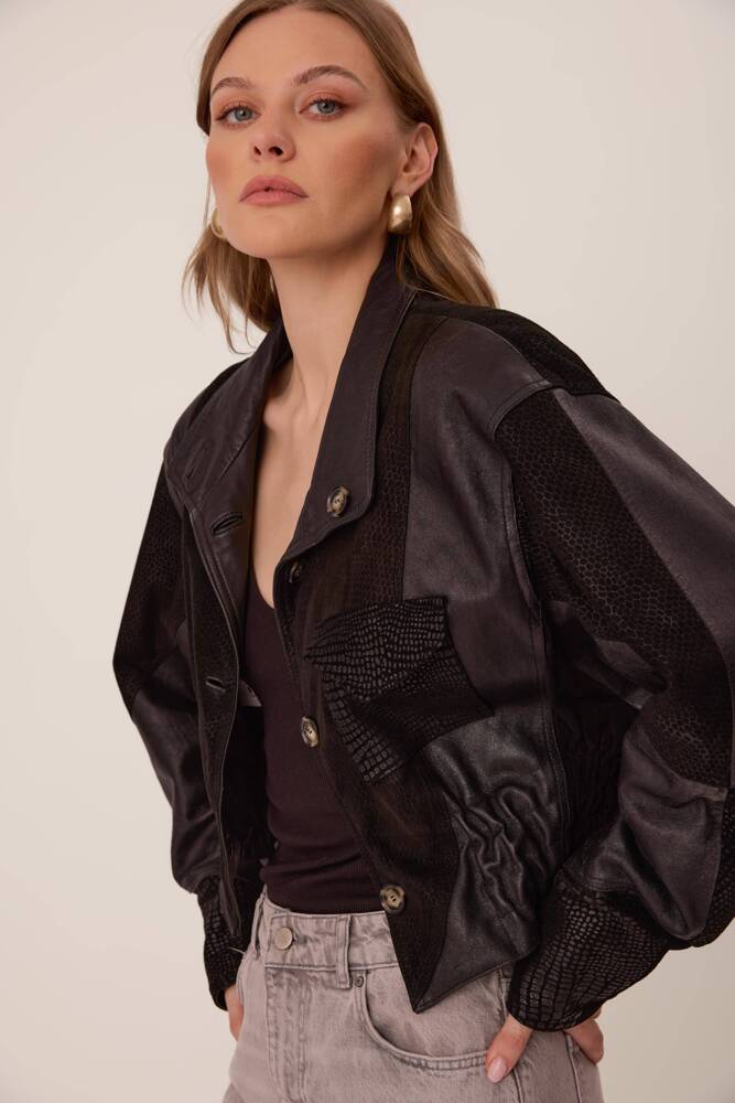 BLACK LEATHER JACKET WITH COMBINED TEXTURES