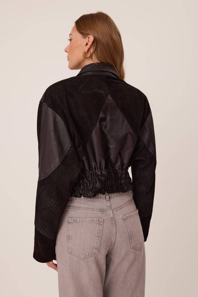 BLACK LEATHER JACKET WITH COMBINED TEXTURES