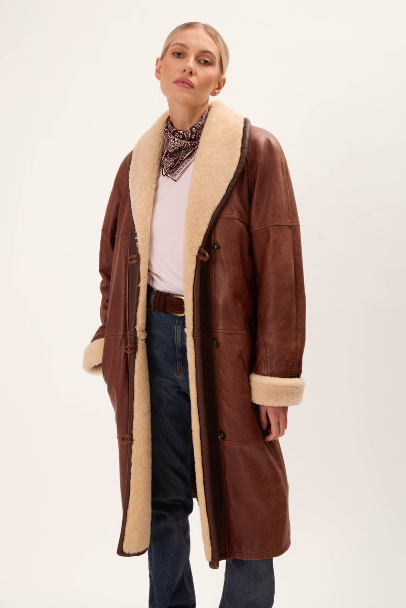 LONG BROWN NATURAL LEATHER COAT