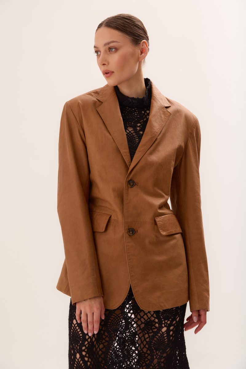 LONG BROWN LEATHER BLAZER