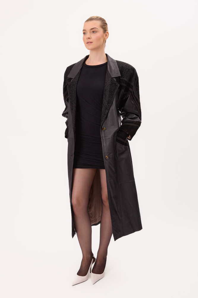 BLACK LEATHER FITTED COAT WITH DECORATIVE VELVET INSERTS