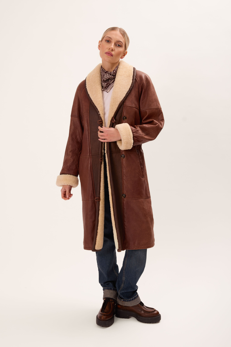 LONG BROWN NATURAL LEATHER COAT