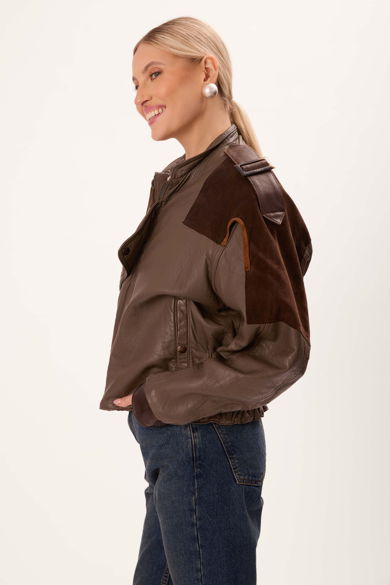 GREY-BROWN LEATHER JACKET WITH SUEDE STITCHING