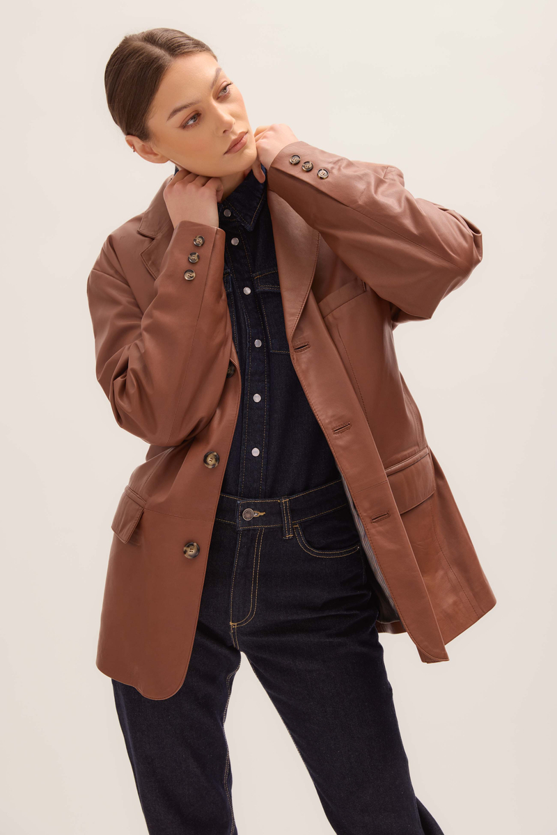 LONG TAPERED WAIST BROWN LEATHER JACKET