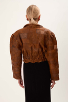 SHORT BROWN PATCHWORK FITTED LEATHER JACKET