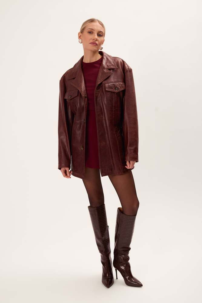 BURGUNDY LONG FITTED LEATHER JACKET