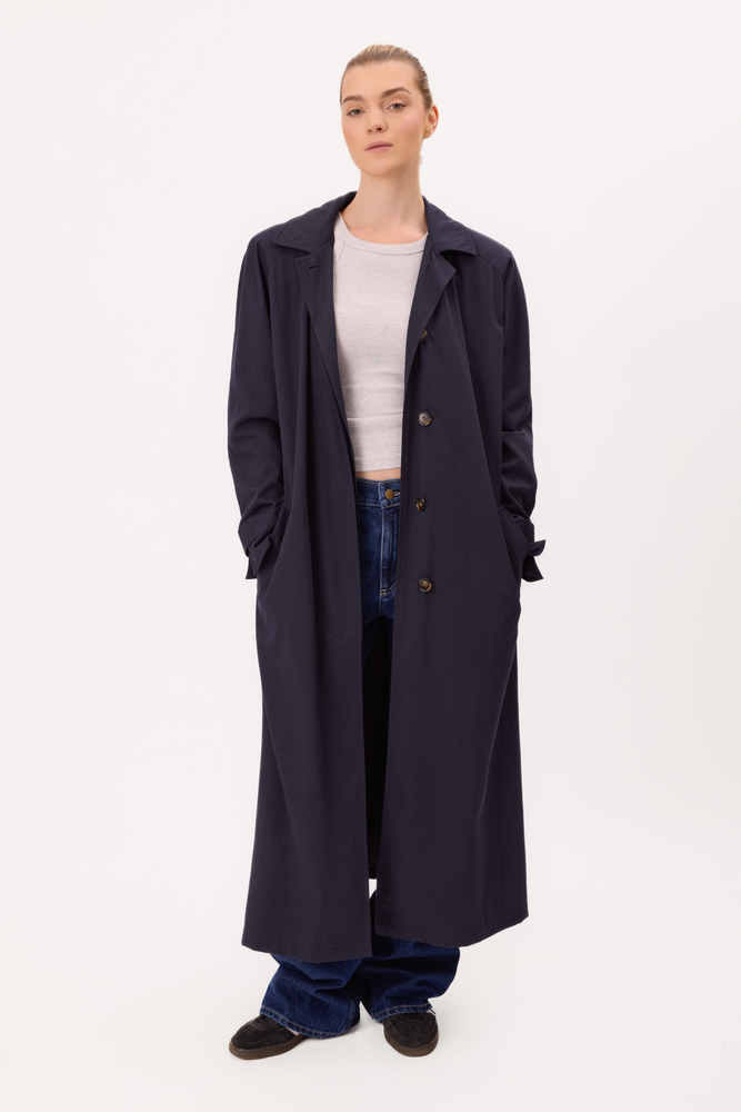 LONG NAVY TAPERED WAIST TRENCH