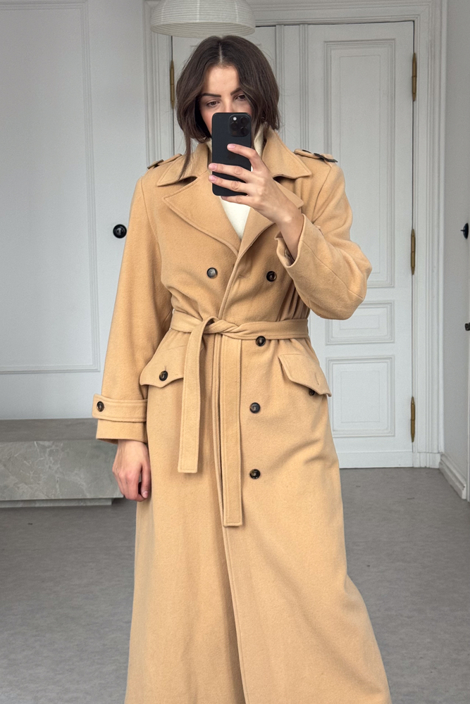 MAXI BEIGE ADJUSTABLE WAIST WOOL COAT